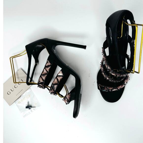GUCCI Charlotte Black Leather Pink Crystal Jeweled Strappy Sandals Pump EU 39.5 - Picture 3 of 11